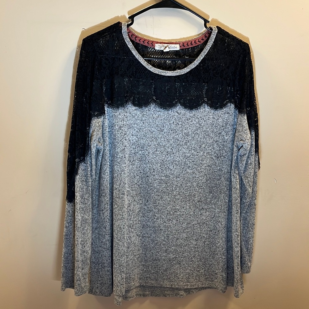 Gray sweater black lace shoulders
